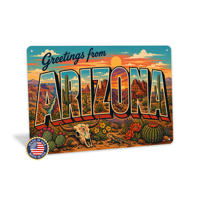 Greetings from Arizona metal sign with horizontal vintage 'Greetings from Arizona' large-letter postcard with red rock