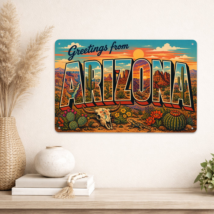 Greetings from Arizona metal sign with horizontal vintage 'Greetings from Arizona' large-letter postcard with red rock