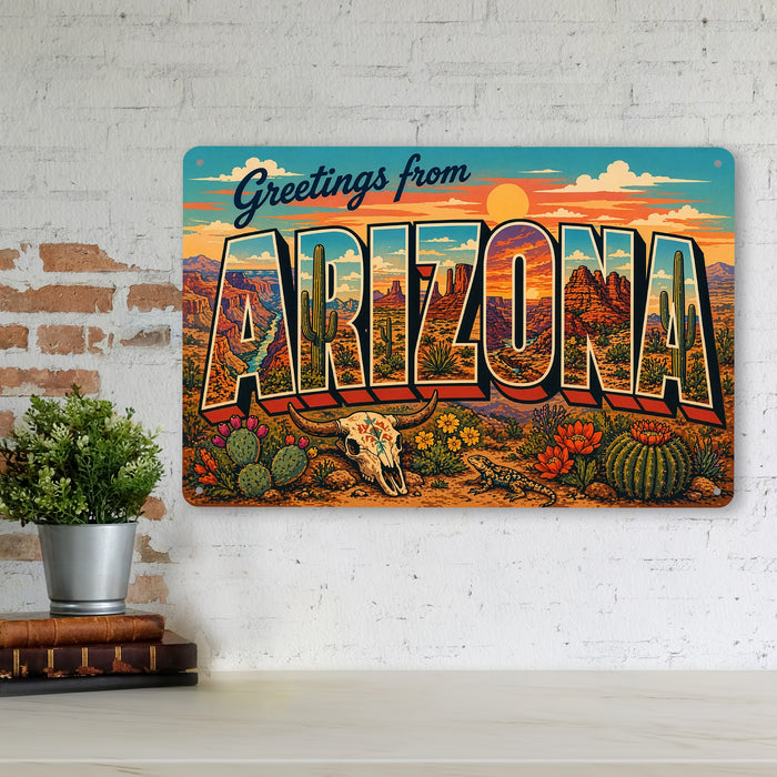 Greetings from Arizona metal sign with horizontal vintage 'Greetings from Arizona' large-letter postcard with red rock