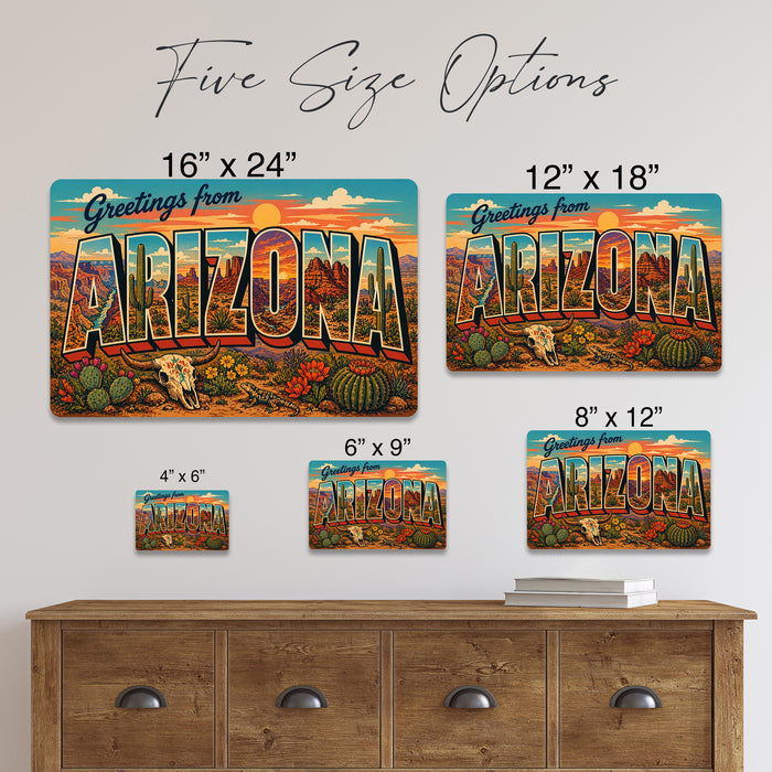Greetings from Arizona metal sign with horizontal vintage 'Greetings from Arizona' large-letter postcard with red rock