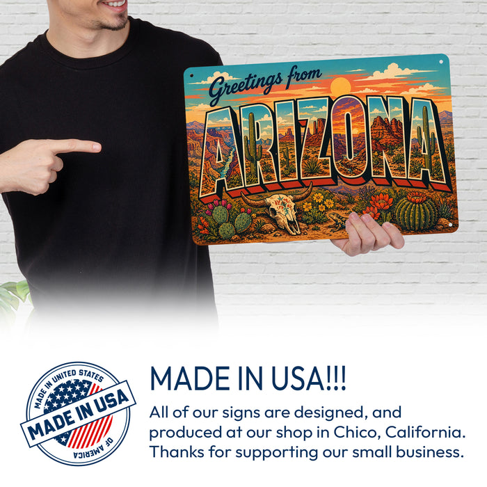 Greetings from Arizona metal sign with horizontal vintage 'Greetings from Arizona' large-letter postcard with red rock