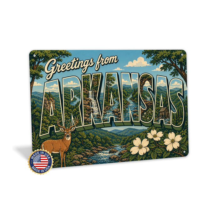 Greetings from Arkansas metal sign with horizontal vintage 'Greetings from Arkansas' large-letter postcard with Ozark