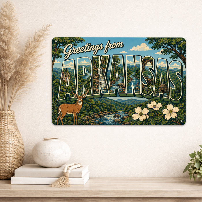 Greetings from Arkansas metal sign with horizontal vintage 'Greetings from Arkansas' large-letter postcard with Ozark