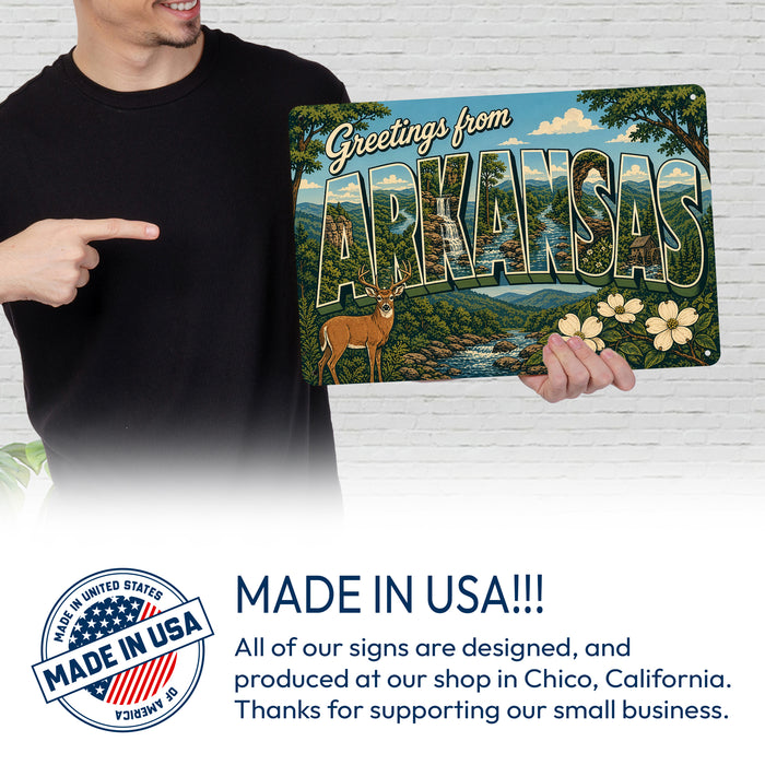 Greetings from Arkansas metal sign with horizontal vintage 'Greetings from Arkansas' large-letter postcard with Ozark