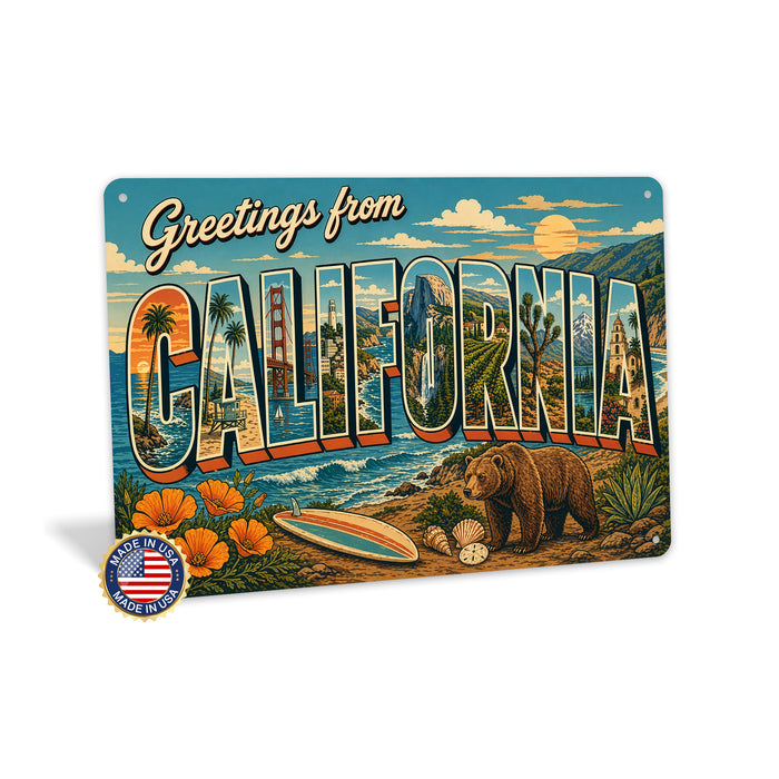 Greetings from California metal sign with horizontal vintage 'Greetings from California' large-letter postcard with Golden