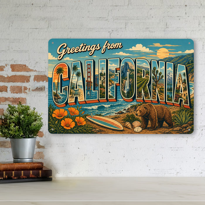 Greetings from California metal sign with horizontal vintage 'Greetings from California' large-letter postcard with Golden