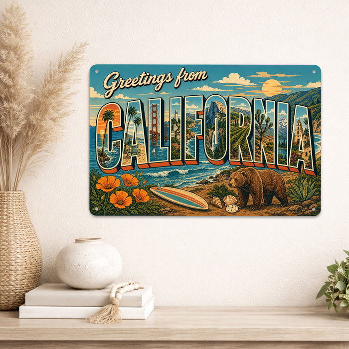 Greetings from California metal sign with horizontal vintage 'Greetings from California' large-letter postcard with Golden