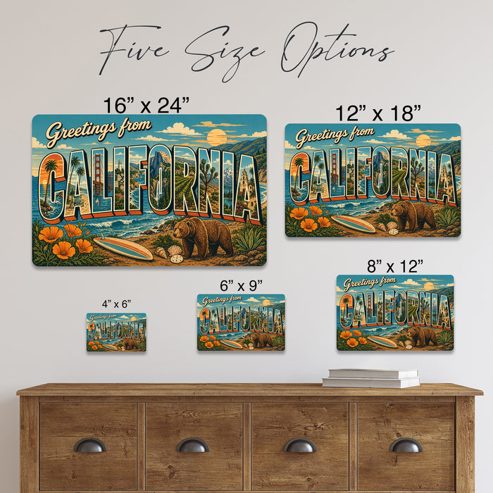 Greetings from California metal sign with horizontal vintage 'Greetings from California' large-letter postcard with Golden