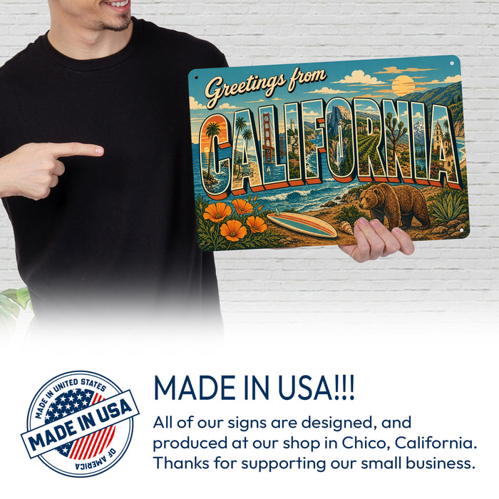 Greetings from California metal sign with horizontal vintage 'Greetings from California' large-letter postcard with Golden