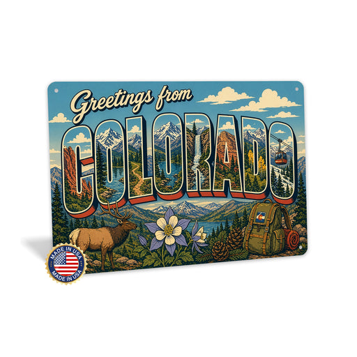 Greetings from Colorado metal sign with horizontal vintage 'Greetings from Colorado' large-letter postcard with Rocky