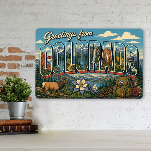 Greetings from Colorado metal sign with horizontal vintage 'Greetings from Colorado' large-letter postcard with Rocky