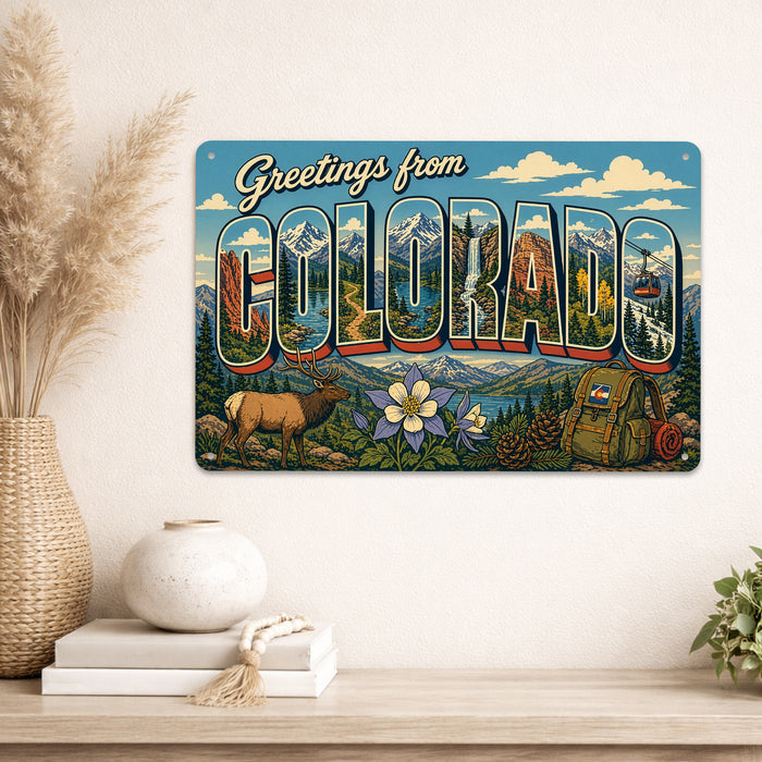 Greetings from Colorado metal sign with horizontal vintage 'Greetings from Colorado' large-letter postcard with Rocky