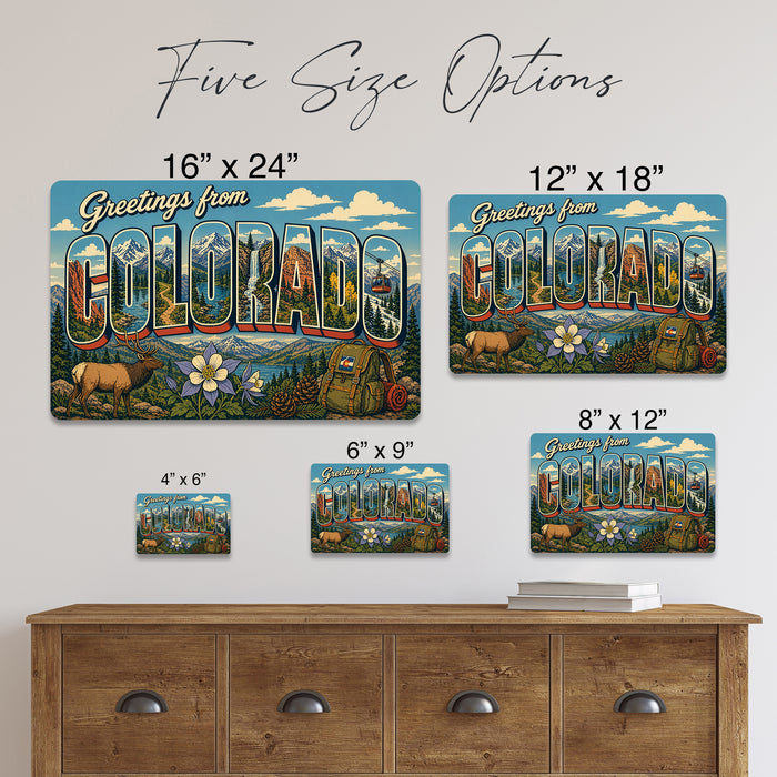 Greetings from Colorado metal sign with horizontal vintage 'Greetings from Colorado' large-letter postcard with Rocky