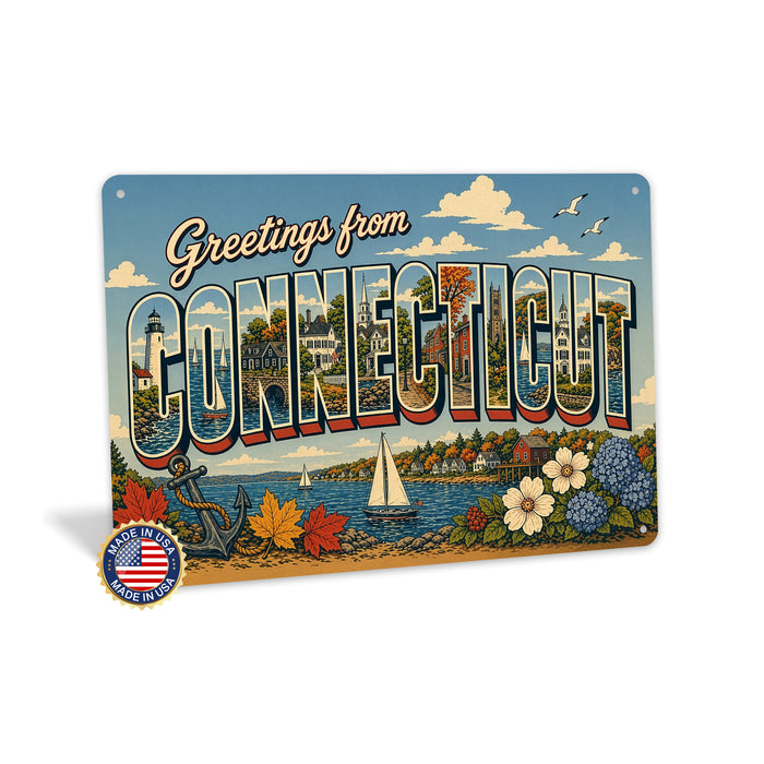 Greetings from Connecticut metal sign with horizontal vintage 'Greetings from Connecticut' large-letter postcard with Mystic
