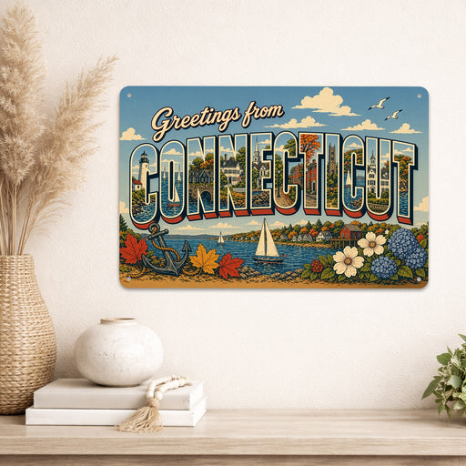 Greetings from Connecticut metal sign with horizontal vintage 'Greetings from Connecticut' large-letter postcard with Mystic