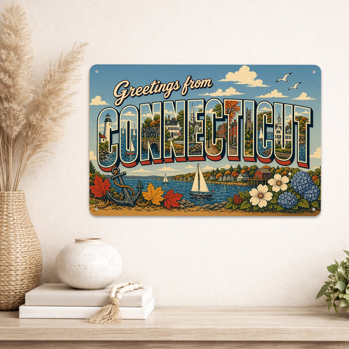 Greetings from Connecticut metal sign with horizontal vintage 'Greetings from Connecticut' large-letter postcard with Mystic