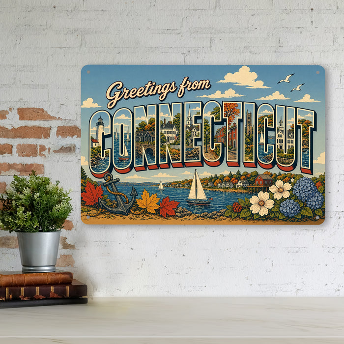 Greetings from Connecticut metal sign with horizontal vintage 'Greetings from Connecticut' large-letter postcard with Mystic