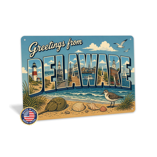Greetings from Delaware metal sign with horizontal vintage 'Greetings from Delaware' large-letter postcard with Cape May