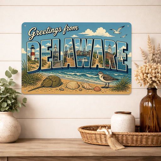 Greetings from Delaware metal sign with horizontal vintage 'Greetings from Delaware' large-letter postcard with Cape May