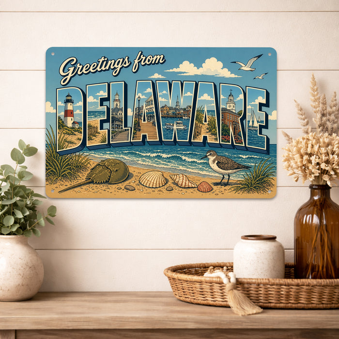 Greetings from Delaware metal sign with horizontal vintage 'Greetings from Delaware' large-letter postcard with Cape May