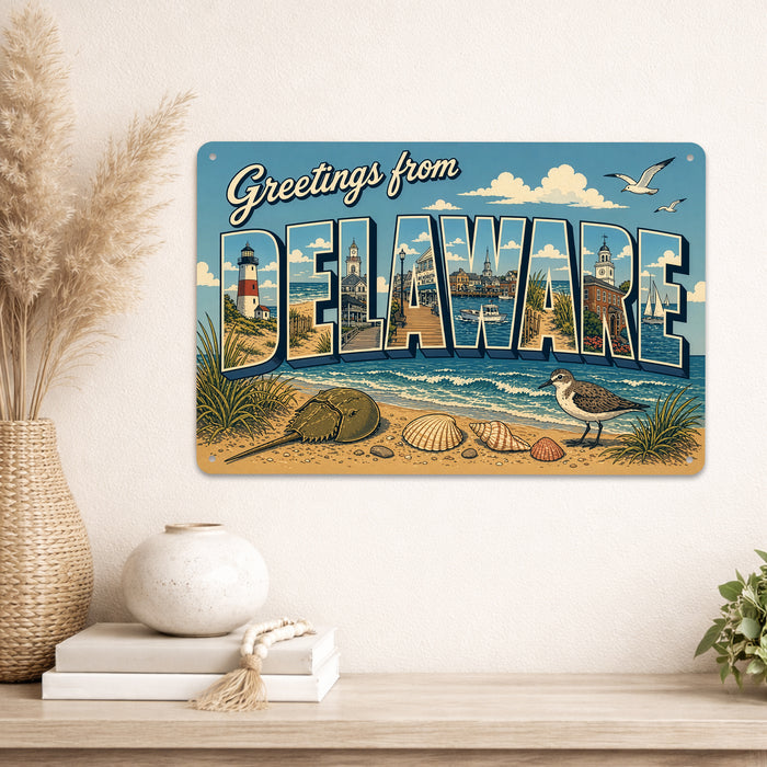 Greetings from Delaware metal sign with horizontal vintage 'Greetings from Delaware' large-letter postcard with Cape May