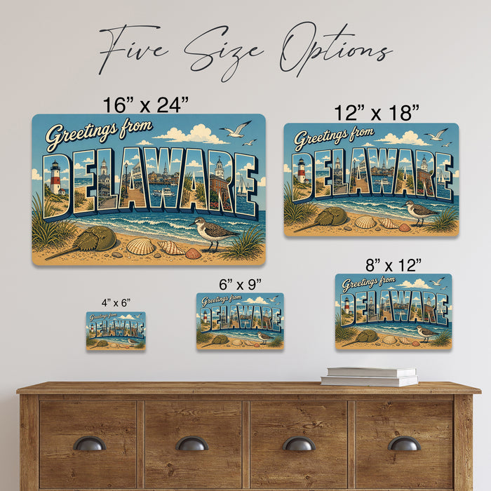 Greetings from Delaware metal sign with horizontal vintage 'Greetings from Delaware' large-letter postcard with Cape May