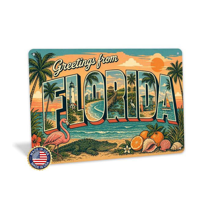 Greetings from Florida metal sign with horizontal vintage 'Greetings from Florida' large-letter postcard with palm-lined