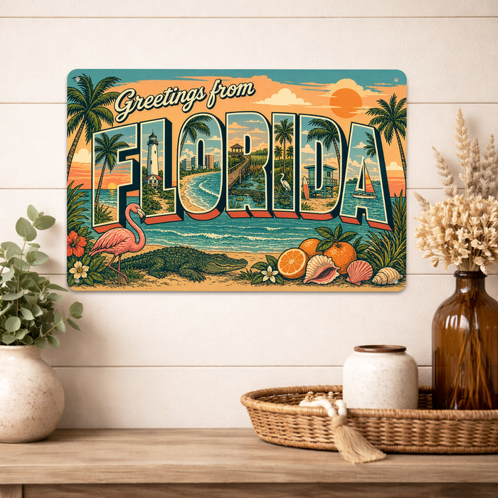 Greetings from Florida metal sign with horizontal vintage 'Greetings from Florida' large-letter postcard with palm-lined
