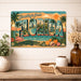 Greetings from Florida metal sign with horizontal vintage 'Greetings from Florida' large-letter postcard with palm-lined