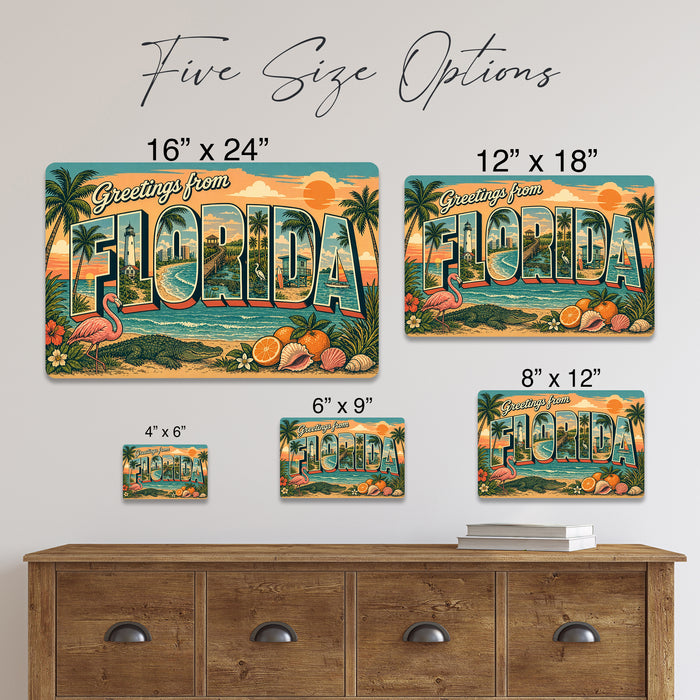 Greetings from Florida metal sign with horizontal vintage 'Greetings from Florida' large-letter postcard with palm-lined