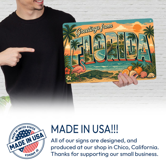 Greetings from Florida metal sign with horizontal vintage 'Greetings from Florida' large-letter postcard with palm-lined