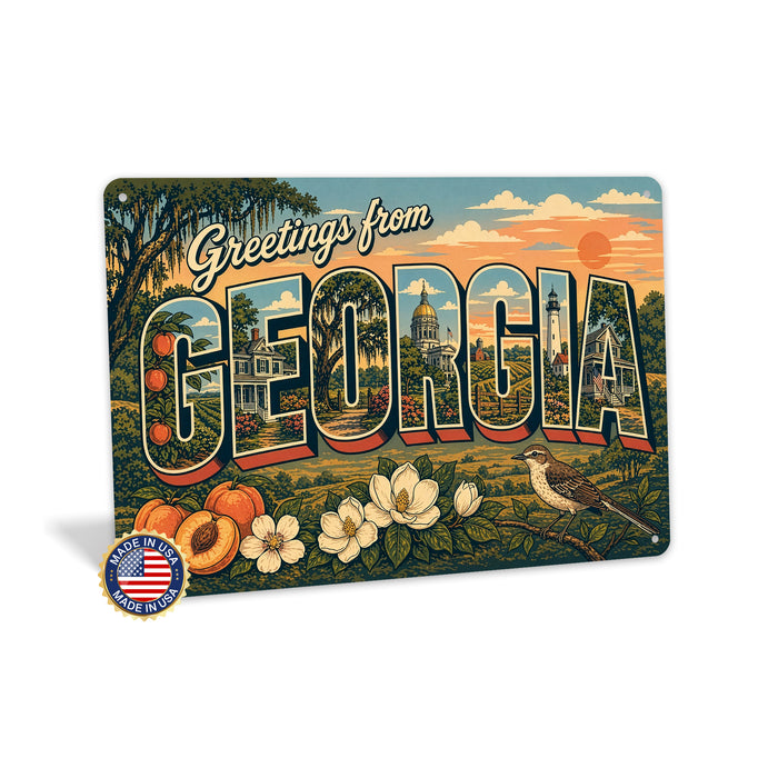 Greetings from Georgia metal sign with horizontal vintage 'Greetings from Georgia' large-letter postcard with Savannah live