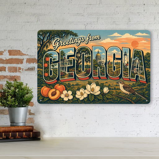 Greetings from Georgia metal sign with horizontal vintage 'Greetings from Georgia' large-letter postcard with Savannah live
