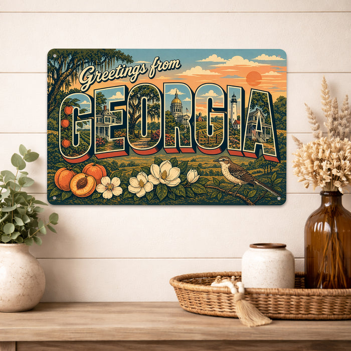 Greetings from Georgia metal sign with horizontal vintage 'Greetings from Georgia' large-letter postcard with Savannah live