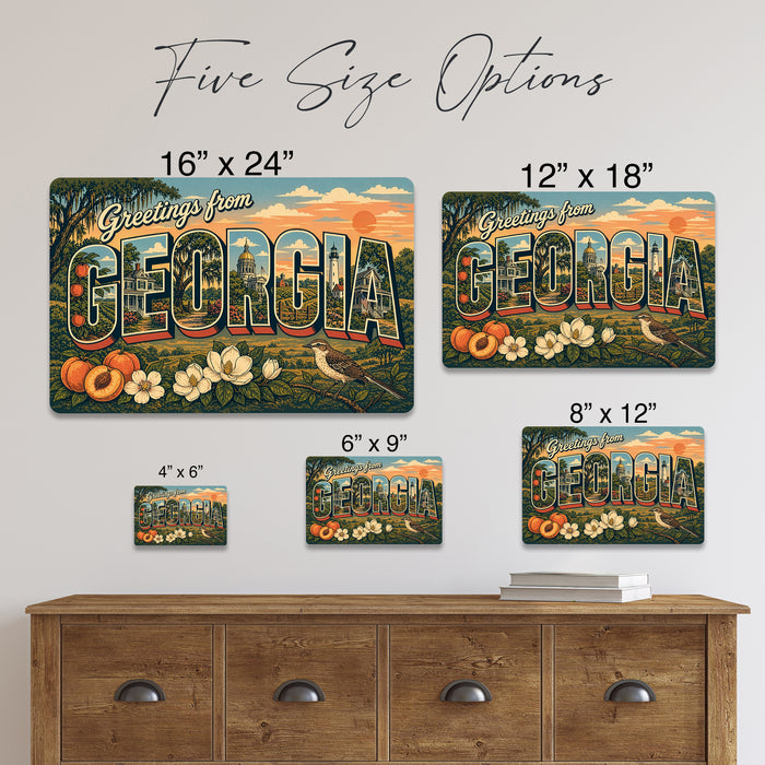 Greetings from Georgia metal sign with horizontal vintage 'Greetings from Georgia' large-letter postcard with Savannah live