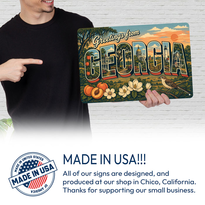 Greetings from Georgia metal sign with horizontal vintage 'Greetings from Georgia' large-letter postcard with Savannah live