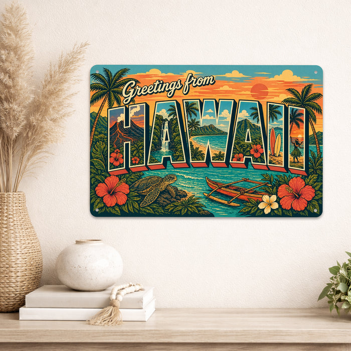 Greetings from Hawaii metal sign with horizontal vintage 'Greetings from Hawaii' large-letter postcard with Diamond Head