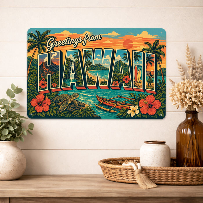 Greetings from Hawaii metal sign with horizontal vintage 'Greetings from Hawaii' large-letter postcard with Diamond Head
