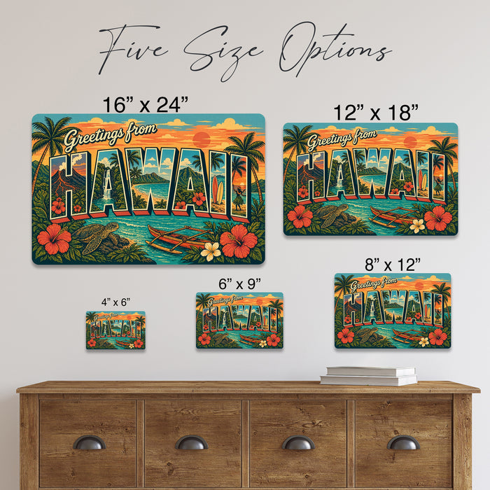 Greetings from Hawaii metal sign with horizontal vintage 'Greetings from Hawaii' large-letter postcard with Diamond Head
