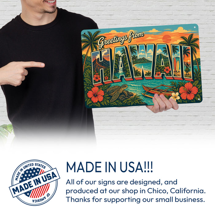 Greetings from Hawaii metal sign with horizontal vintage 'Greetings from Hawaii' large-letter postcard with Diamond Head