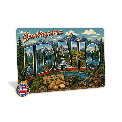 Greetings from Idaho metal sign with horizontal vintage 'Greetings from Idaho' large-letter postcard with Sawtooth