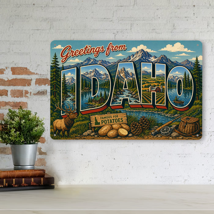 Greetings from Idaho metal sign with horizontal vintage 'Greetings from Idaho' large-letter postcard with Sawtooth