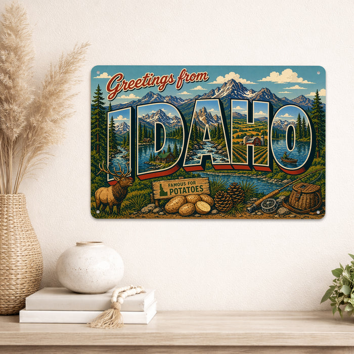 Greetings from Idaho metal sign with horizontal vintage 'Greetings from Idaho' large-letter postcard with Sawtooth