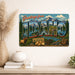Greetings from Idaho metal sign with horizontal vintage 'Greetings from Idaho' large-letter postcard with Sawtooth