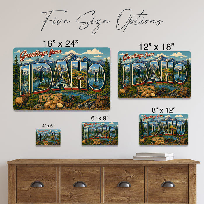Greetings from Idaho metal sign with horizontal vintage 'Greetings from Idaho' large-letter postcard with Sawtooth