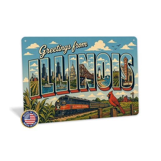 Greetings from Illinois metal sign with horizontal vintage 'Greetings from Illinois' large-letter postcard with Chicago