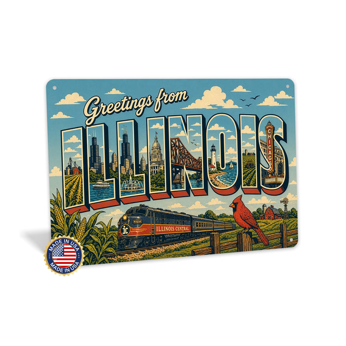 Greetings from Illinois metal sign with horizontal vintage 'Greetings from Illinois' large-letter postcard with Chicago
