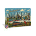 Greetings from Illinois metal sign with horizontal vintage 'Greetings from Illinois' large-letter postcard with Chicago