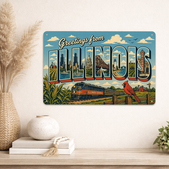 Greetings from Illinois metal sign with horizontal vintage 'Greetings from Illinois' large-letter postcard with Chicago