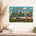 Greetings from Illinois metal sign with horizontal vintage 'Greetings from Illinois' large-letter postcard with Chicago